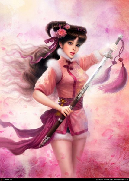 Anime picture 1157x1626 with ruoxing zhang (artist) single long hair tall image brown hair brown eyes hair flower realistic chinese clothes girl hair ornament flower (flowers) weapon petals sword fur sheath