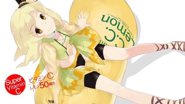 Anime picture 1920x1080 with original c.c. lemon c.c. lemon (character) cg~~lolita single long hair highres blonde hair wide image white background brown eyes midriff girl navel hat lemon