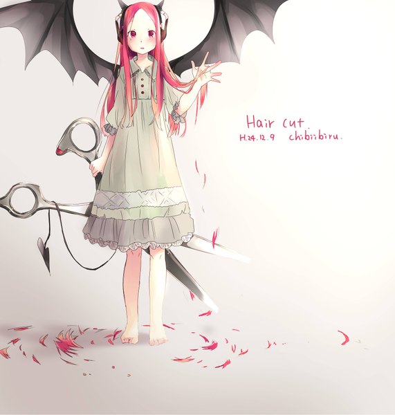 Anime picture 3858x4051 with original chibiibiru single long hair tall image looking at viewer blush highres open mouth simple background standing holding pink hair absurdres pink eyes barefoot horn (horns) inscription shadow demon girl