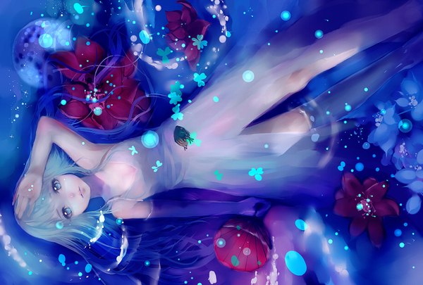 Anime picture 1598x1080 with original j fu single long hair looking at viewer blue eyes holding blue hair lying from above partially submerged hand on head afloat girl thighhighs dress flower (flowers) water white dress bubble (bubbles)