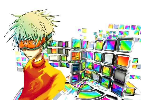 Anime picture 1600x1133 with original waterdroplet short hair green hair boy sweater sunglasses monitor television