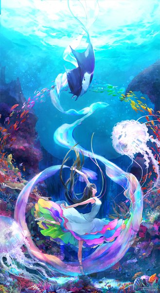Anime picture 586x1067 with mimi n (futarinokizuna) single long hair tall image fringe breasts black hair bare shoulders signed profile underwater dancing multicolored colorful girl dress ribbon (ribbons) animal water fish (fishes)