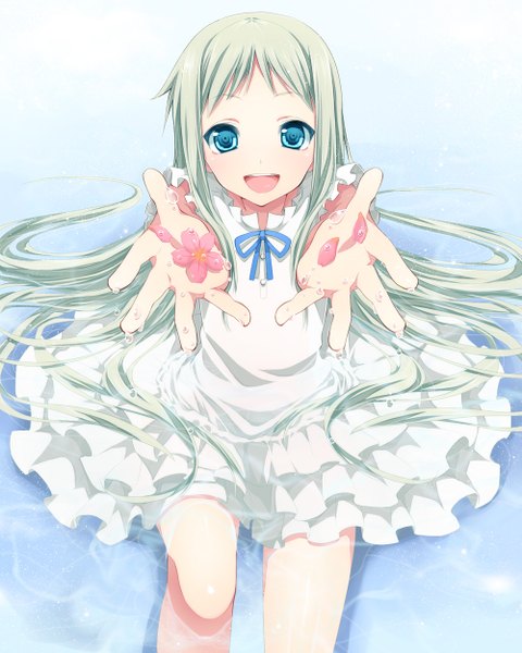 Anime picture 1000x1250 with ano hi mita hana no namae wo bokutachi wa mada shiranai a-1 pictures honma meiko hattori (junoct2000) long hair tall image open mouth blue eyes white hair outstretched arm outstretched hand girl petals sundress