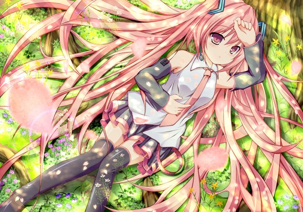 Anime picture 1400x980 with vocaloid hatsune miku sakura miku tagme (artist) long hair twintails pink hair lying pink eyes loli girl thighhighs skirt flower (flowers) black thighhighs detached sleeves miniskirt petals necktie