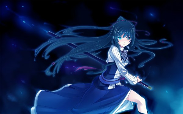 Anime picture 1280x800 with yamiyo ni odore rikudou sui tel-o long hair black hair wide image green eyes game cg girl sword