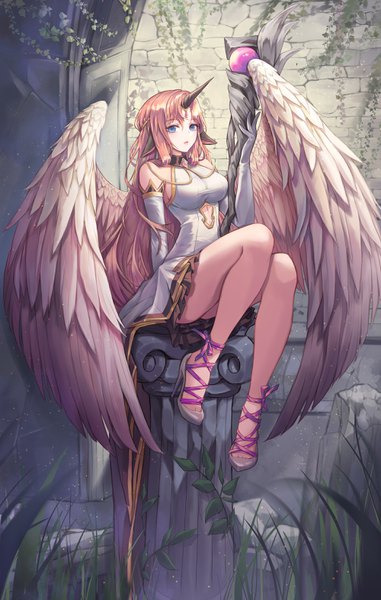 Anime picture 2000x3147 with original kone (zhsiddl010) single long hair tall image looking at viewer fringe highres breasts blue eyes light erotic large breasts sitting bare shoulders animal ears payot pink hair full body bent knee (knees) arm up