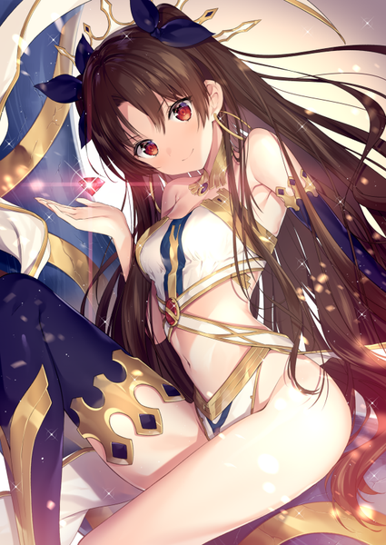 Anime picture 600x847 with fate (series) fate/grand order ishtar (fate) necomi (gussan) single tall image looking at viewer blush fringe breasts light erotic smile red eyes brown hair sitting bare shoulders bent knee (knees) very long hair head tilt bare legs
