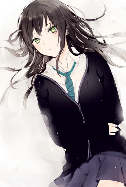 Anime picture 600x888 with idolmaster idolmaster cinderella girls shibuya rin lpip single long hair tall image looking at viewer fringe open mouth black hair green eyes lying pleated skirt on back partially submerged floating hair open collar girl skirt