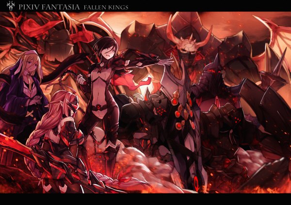 Anime picture 2280x1612 with original pixiv fantasia pixiv fantasia fallen kings pen (steelleets) highres short hair breasts open mouth blue eyes blonde hair large breasts multiple girls holding looking away pink hair braid (braids) very long hair pointy ears grey eyes single braid