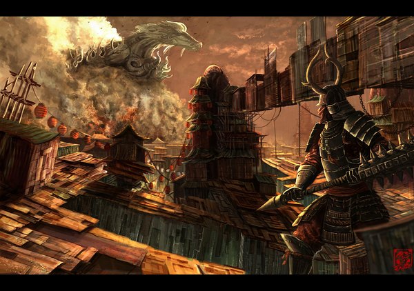 Anime picture 1064x750 with original tagme (artist) standing sky cloud (clouds) outdoors traditional clothes japanese clothes city letterboxed cityscape flying demon samurai boy weapon armor building (buildings) helmet
