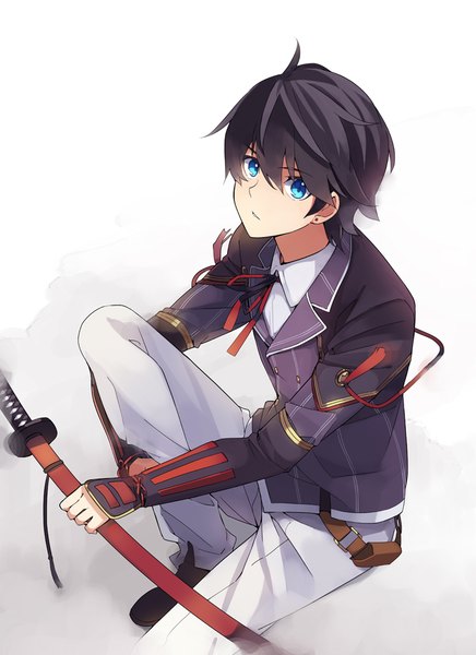 Anime picture 727x1000 with touken ranbu nitroplus horikawa kunihiro takerusilt single tall image looking at viewer fringe short hair blue eyes black hair simple background hair between eyes white background sitting holding bent knee (knees) from above sheathed boy