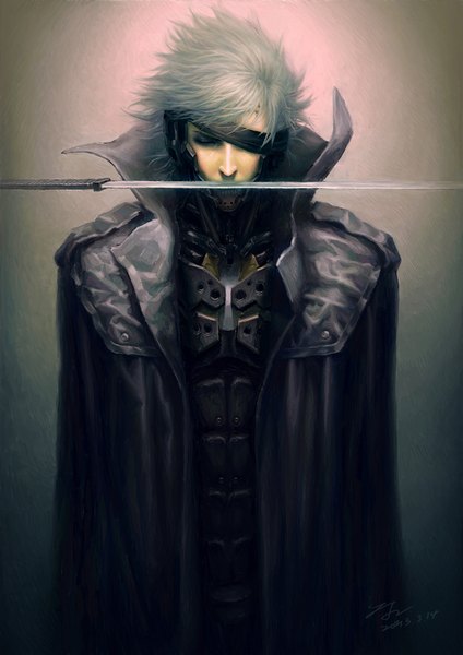 Anime picture 1489x2105 with metal gear metal gear solid raiden zhoujialin single tall image short hair simple background standing white hair eyes closed realistic cyberpunk boy sword jacket katana bandage (bandages) eyepatch