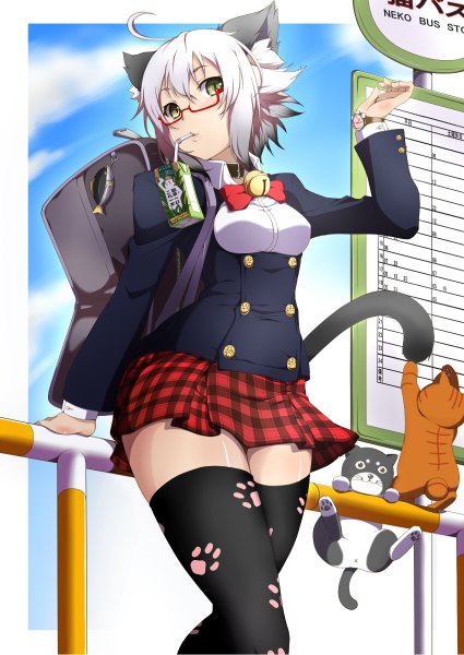 Anime picture 850x1200 with original miyabi (miura105) single tall image looking at viewer short hair green eyes animal ears white hair tail animal tail cat ears cat girl cat tail girl thighhighs skirt black thighhighs animal glasses