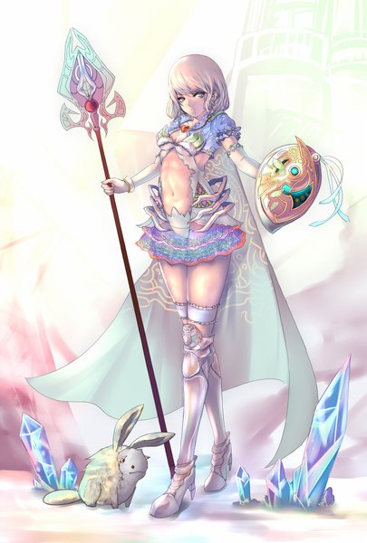 Anime picture 1500x2220 with original aqn (masamune) single tall image short hair blonde hair pink eyes girl navel weapon detached sleeves miniskirt frills armor cape crystal brooch shield