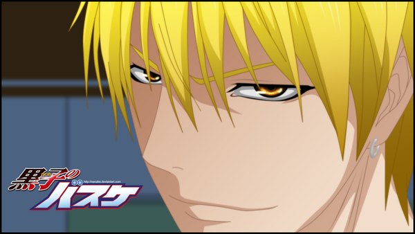 Anime picture 2000x1128 with kuroko no basket production i.g kise ryouta naruble single looking at viewer highres short hair blonde hair smile wide image yellow eyes inscription boy earrings