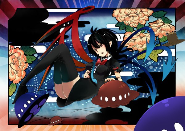 Anime picture 1000x708 with touhou houjuu nue kakueki-teisha single short hair open mouth black hair red eyes girl thighhighs dress flower (flowers) black thighhighs wings spacecraft ufo flying saucer