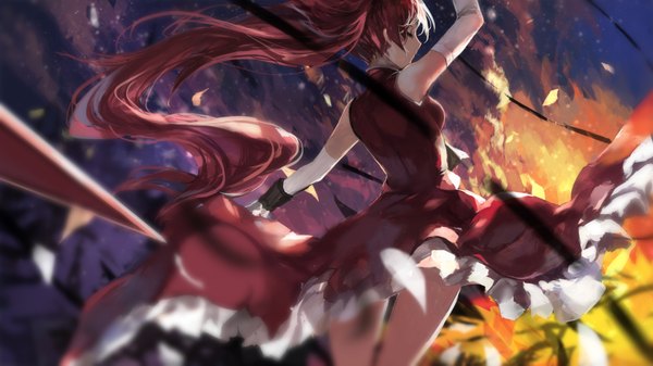 Anime picture 3780x2126 with mahou shoujo madoka magica shaft (studio) sakura kyouko swd3e2 single highres red eyes wide image absurdres sky cloud (clouds) red hair very long hair looking back evening sunset girl dress petals