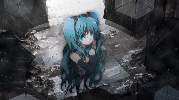 Anime picture 2048x1152 with vocaloid hatsune miku marirero a highres blue eyes wide image twintails very long hair aqua hair rain girl detached sleeves umbrella