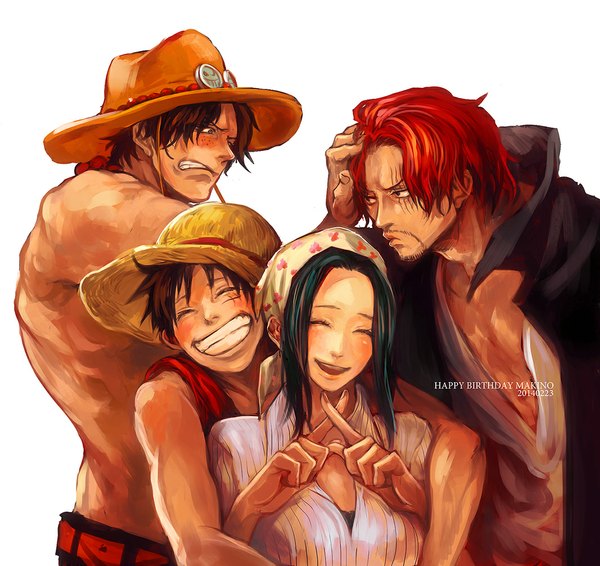 Anime picture 1067x1008 with one piece toei animation monkey d. luffy portgas d. ace shanks makino (one piece) tsuyomaru blush short hair open mouth black hair simple background smile white background red hair eyes closed hug scar topless happy birthday