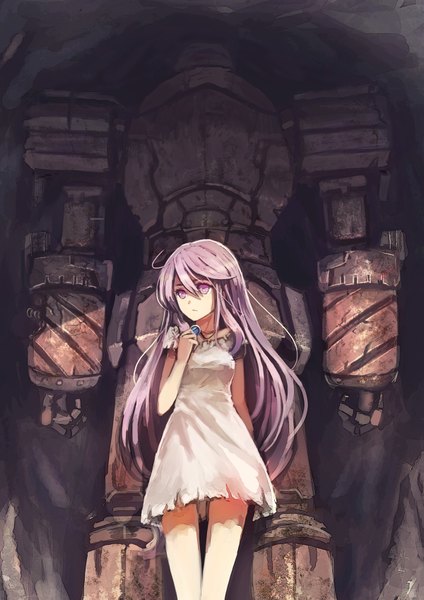 Anime picture 1200x1697 with original bryanth single long hair tall image purple eyes purple hair ahoge girl dress white dress pendant