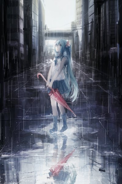 Anime picture 1230x1850 with vocaloid hatsune miku domik single long hair tall image fringe standing twintails bare shoulders holding blue hair outdoors pleated skirt aqua eyes aqua hair wet city reflection looking up