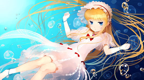 Anime picture 2560x1440 with original jean popo single long hair looking at viewer highres blue eyes blonde hair wide image girl dress frills bonnet bubble (bubbles)