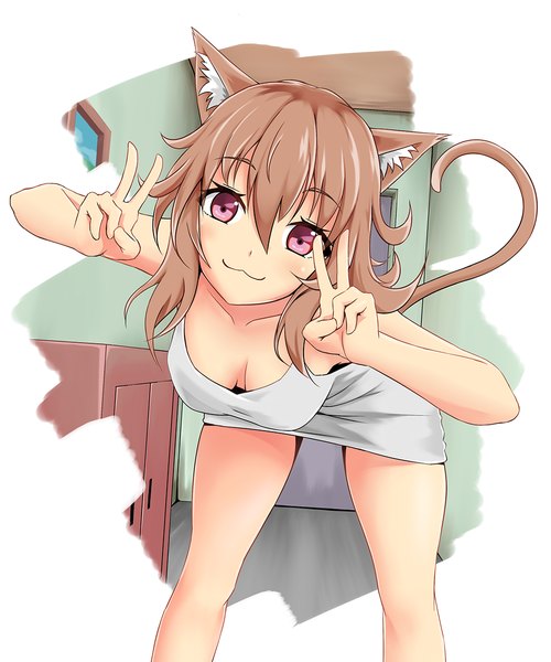 Anime picture 1000x1200 with original shoron single long hair tall image looking at viewer blush fringe breasts light erotic smile hair between eyes brown hair standing animal ears indoors tail head tilt animal tail pink eyes