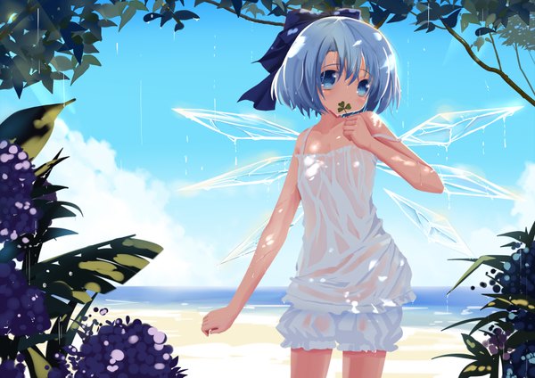 Anime picture 3508x2480 with touhou cirno hamachi hazuki single looking at viewer highres short hair blue eyes bare shoulders blue hair absurdres cloud (clouds) beach derivative work girl flower (flowers) bow hair bow wings knickers