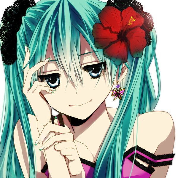 Anime picture 1000x1000 with vocaloid hatsune miku washitaro single long hair simple background white background twintails bare shoulders hair flower aqua eyes aqua hair girl hair ornament flower (flowers) earrings hibiscus