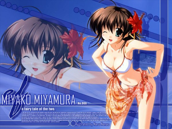 Anime picture 1280x960 with ef shaft (studio) minori miyamura miyako nanao naru light erotic flower (flowers) swimsuit bikini white bikini pareo