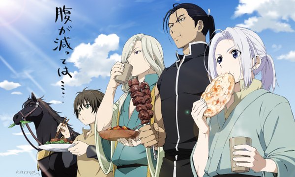 Anime picture 2700x1625 with arslan senki arslan daryoon elam narsus kaisen long hair fringe highres short hair blue eyes black hair brown hair wide image purple eyes brown eyes green eyes signed looking away sky