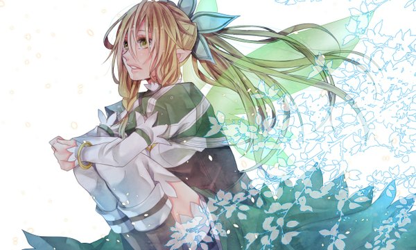 Anime picture 1280x768 with sword art online a-1 pictures leafa single long hair fringe simple background blonde hair wide image white background yellow eyes ponytail profile lips pointy ears elf crying sad girl thighhighs