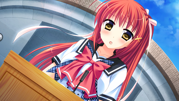 Anime picture 1280x720 with natsu koi high pressure nanase hikari ayamisiro single long hair looking at viewer blush breasts open mouth wide image large breasts brown eyes game cg sky cloud (clouds) red hair girl uniform hair ornament bow