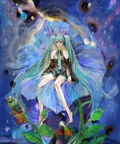 Anime picture 1200x1440 with vocaloid hatsune miku tomape single long hair tall image sitting twintails bare shoulders very long hair barefoot aqua eyes aqua hair soles girl skirt flower (flowers) detached sleeves choker necktie