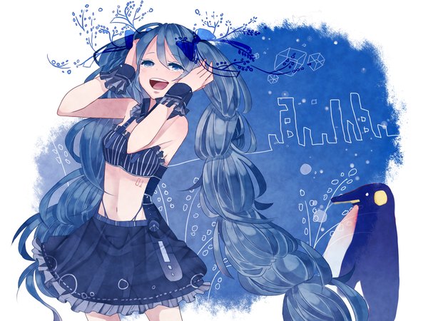 Anime picture 1200x900 with vocaloid hatsune miku itamidome single long hair open mouth blue eyes twintails bare shoulders blue hair very long hair crying girl skirt navel bow hair bow penguin