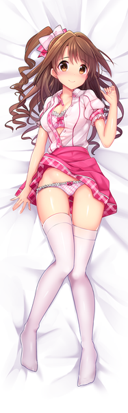 Anime picture 1000x3198 with idolmaster idolmaster cinderella girls shimamura uzuki u rin single long hair tall image looking at viewer blush light erotic brown hair brown eyes full body lying no shoes puffy sleeves one side up ass visible through thighs wavy hair dakimakura (medium)