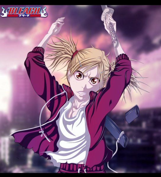 Anime picture 950x1045 with bleach studio pierrot sarugaki hiyori hollowcn single tall image short hair blonde hair twintails brown eyes sky cloud (clouds) inscription coloring short twintails letterboxed angry girl weapon sword