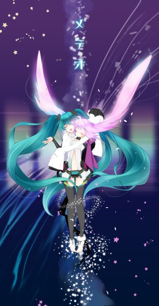Anime picture 1600x3072 with vocaloid vocaloid append meteor (vocaloid) hatsune miku hatsune miku (append) mao (alepricos) long hair tall image open mouth twintails multiple girls pink hair eyes closed very long hair aqua hair girl 2 girls wings star (symbol)