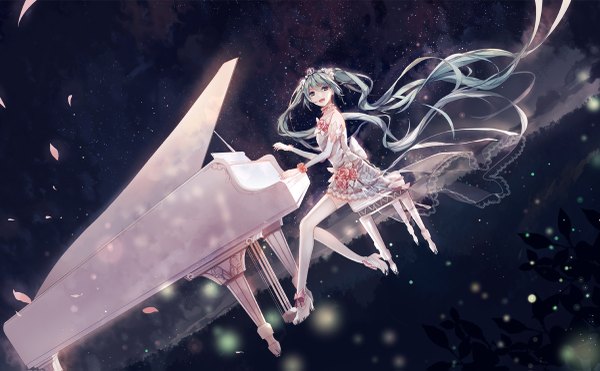 Anime picture 1200x743 with vocaloid hatsune miku mamenomoto single looking at viewer open mouth wide image sitting twintails very long hair aqua hair high heels playing instrument girl thighhighs dress flower (flowers) petals white thighhighs headdress