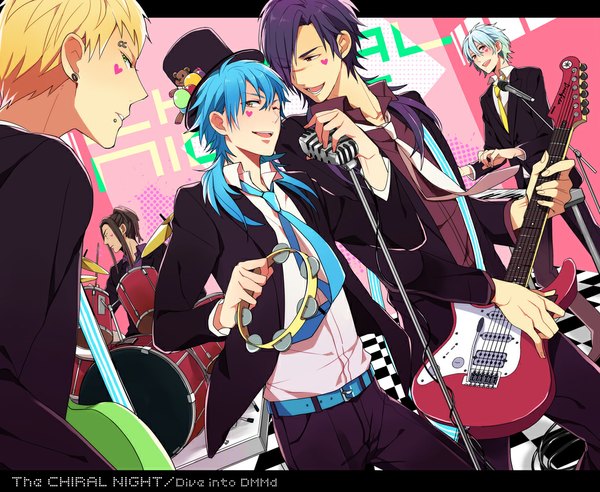 Anime picture 1078x884 with dramatical murder nitro+chiral aoba (dmmd) clear (dmmd) noiz (dmmd) koujaku mink (dmmd) long hair short hair open mouth black hair blonde hair red eyes green eyes yellow eyes blue hair purple hair one eye closed grey hair wink