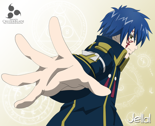 Anime picture 1452x1189 with fairy tail jellal fernandes cruzerblade single short hair simple background green eyes blue hair inscription tattoo coloring magic boy magic circle