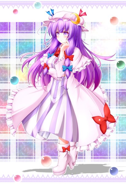 Anime picture 1922x2800 with touhou patchouli knowledge aka tawashi single long hair tall image blush highres purple eyes purple hair girl dress bow hair bow boots bonnet