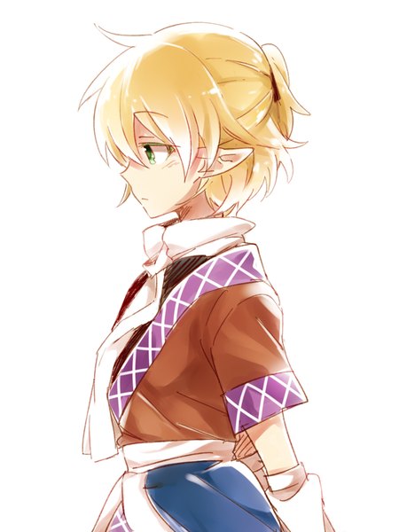 Anime picture 900x1200 with touhou mizuhashi parsee six (fnrptal1010) single tall image short hair blonde hair simple background white background green eyes ponytail profile pointy ears hands behind back half updo girl detached sleeves