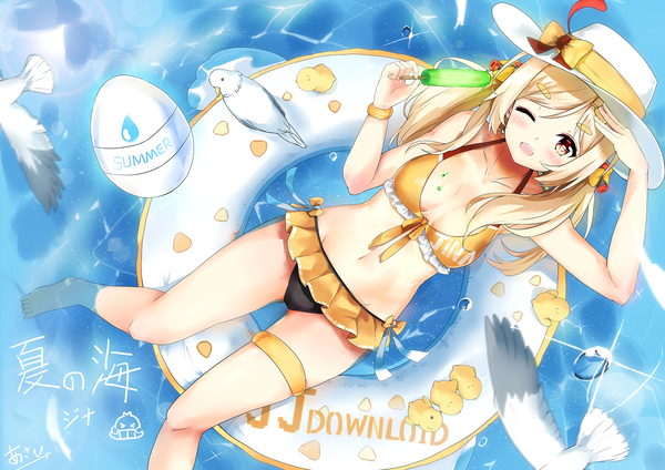 Anime picture 2039x1442 with original jina asahi kuroi single long hair blush highres breasts open mouth light erotic blonde hair twintails holding signed cleavage one eye closed sparkle orange eyes partially submerged groin