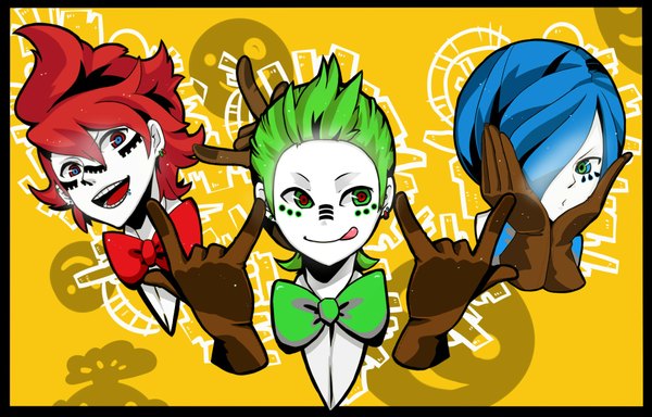 Anime picture 1855x1189 with pokemon nintendo matryoshka (vocaloid) dent (pokemon) corn (pokemon) pod (pokemon) tagme (artist) highres short hair open mouth blue eyes red eyes green eyes blue hair upper body red hair green hair multiple boys piercing :p