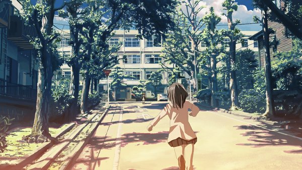 Anime picture 1062x597 with original houjou takasi brown hair wide image city landscape running skirt plant (plants) tree (trees)
