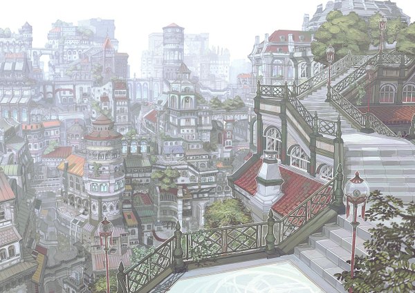 Anime picture 1300x920 with original munashichi city cityscape no people fog plant (plants) tree (trees) lantern stairs