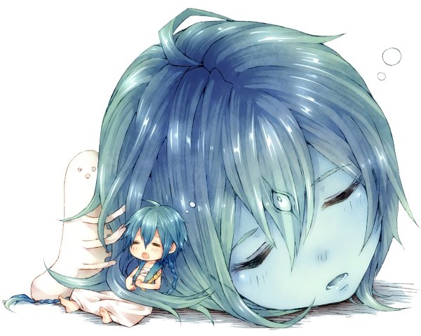 Anime picture 1200x960 with magi the labyrinth of magic a-1 pictures aladdin (magi) uugo niwako long hair short hair open mouth simple background white background blue hair eyes closed traditional clothes sleeping chibi blue skin girl