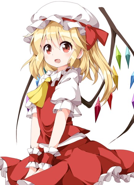 Anime picture 727x1000 with touhou flandre scarlet ruu (tksymkw) single long hair tall image blush open mouth blonde hair simple background white background one side up girl wings bonnet crystal