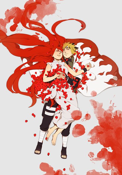 Anime picture 828x1191 with naruto studio pierrot naruto (series) namikaze minato uzumaki kushina kaiyou tall image fringe short hair breasts blonde hair smile standing bent knee (knees) red hair eyes closed very long hair barefoot lips sleeveless